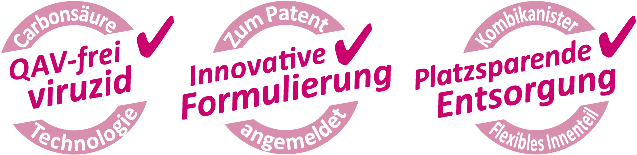 CARBOFLOOR Produktsiegel: QAV-frei viruzid, Innovative Formulierung, Platzsparende Entsorgung