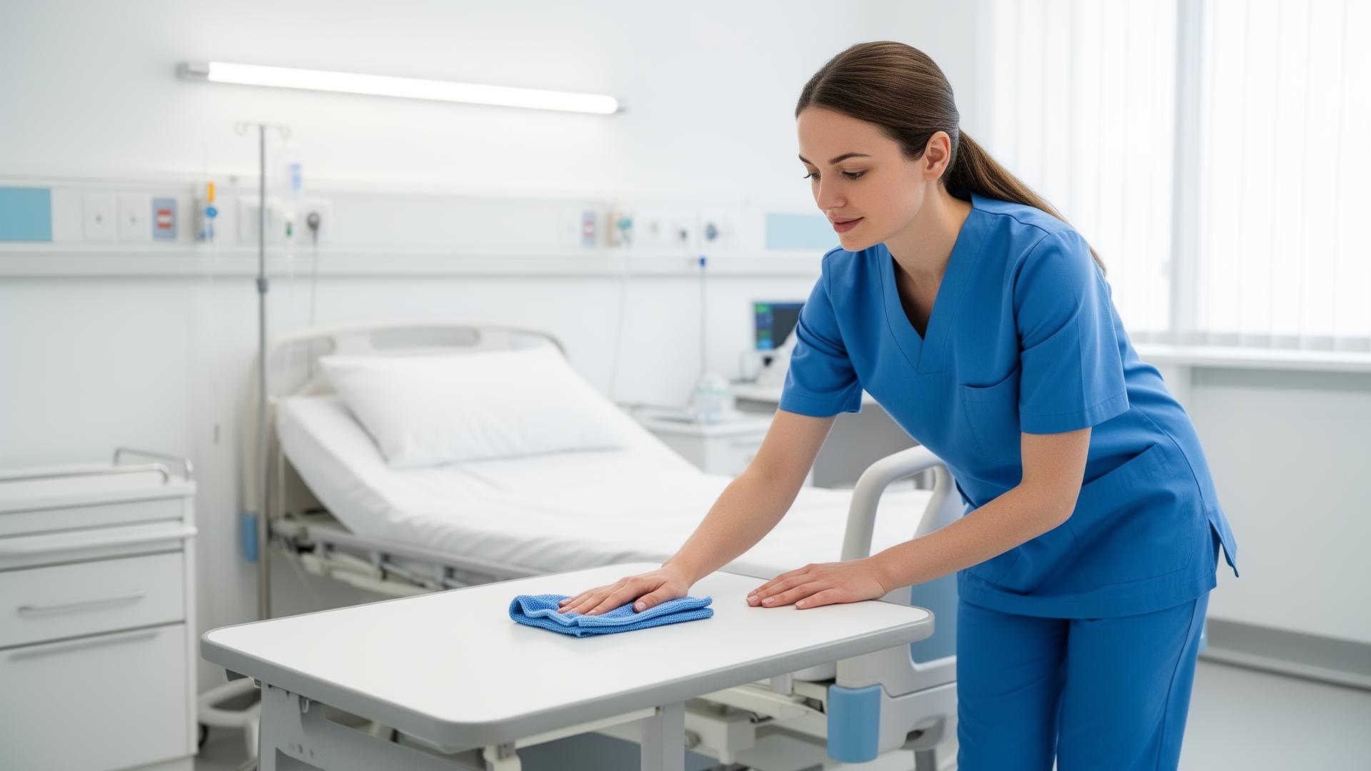 Reinigungskraft bei Flächendesinfektion im Krankenhaus