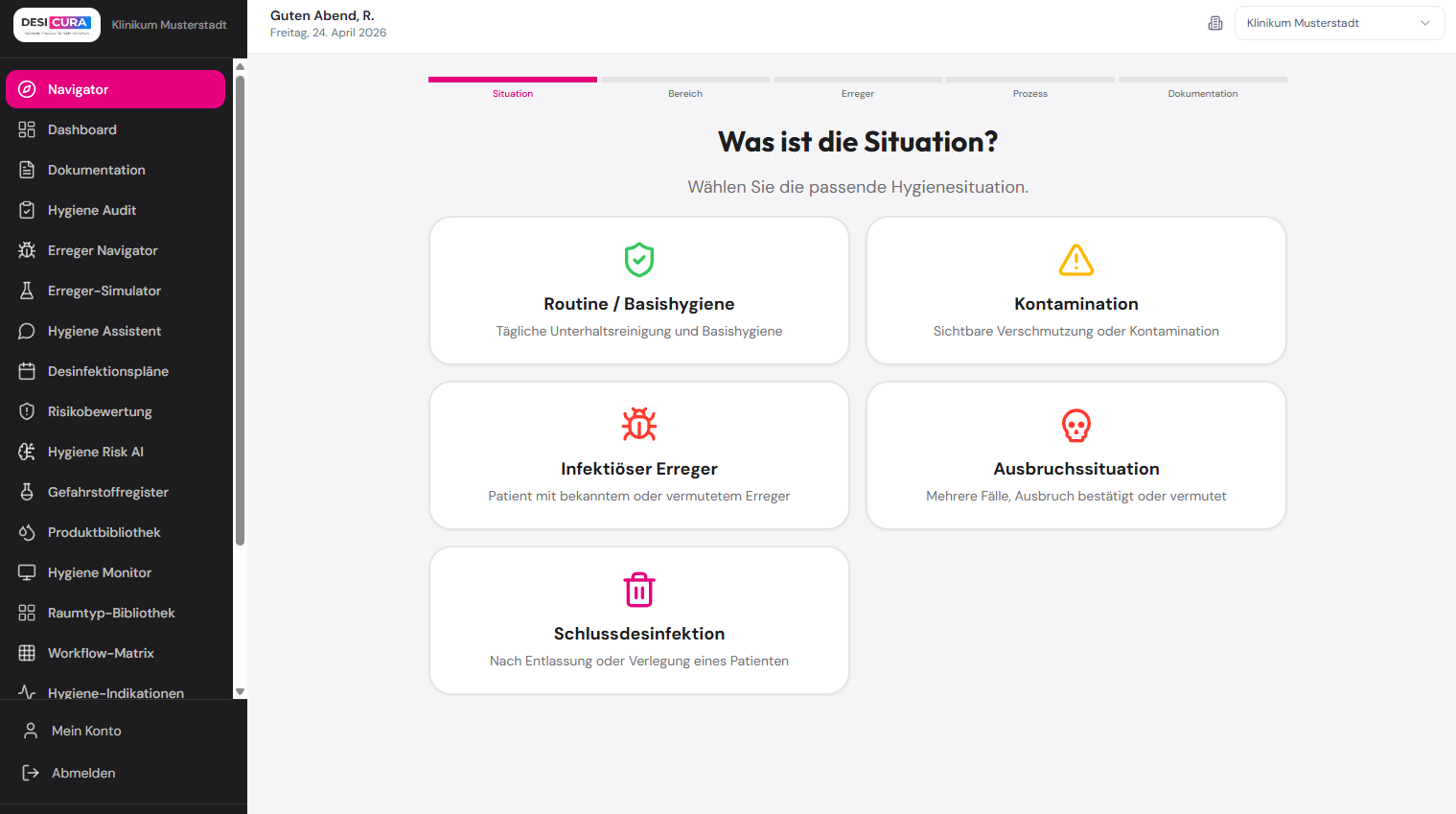 Hygiene Navigator Mobile App – Hygiene Audit mit Raumstatus, ATP-Werten und Fortschrittsanzeige