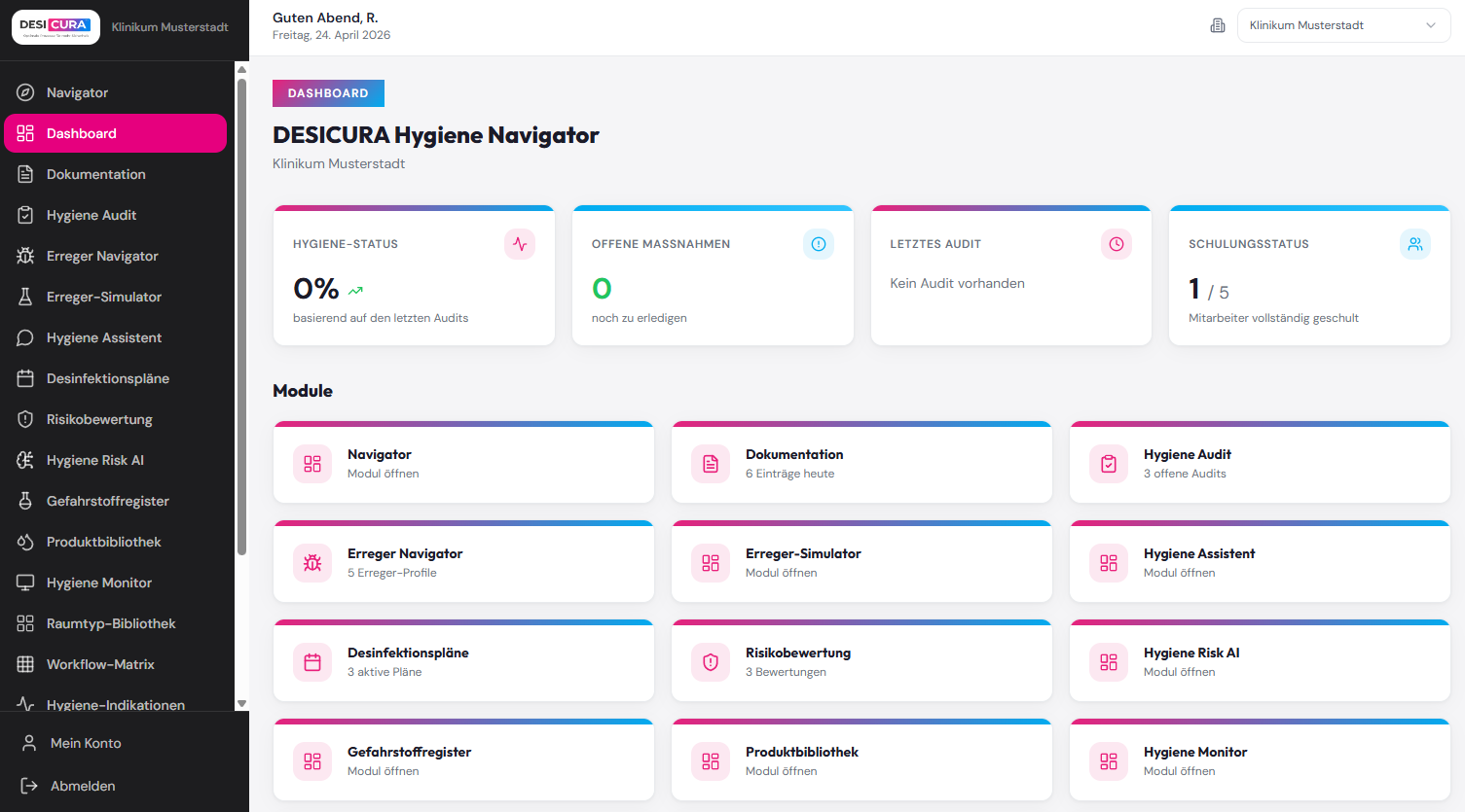 Hygiene Navigator Desktop Dashboard – Reinigungsquote, offene Audits, Risikozonen und Compliance auf einen Blick
