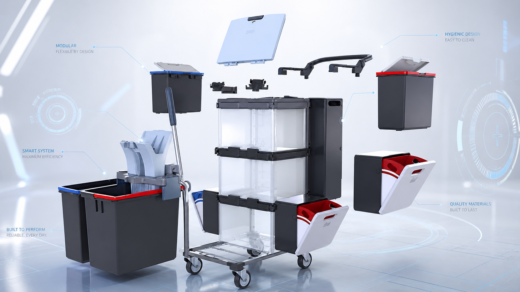 Modulare Konfiguration des Origo 2 Reinigungswagens mit Boxen, Eimern, Deckeln und Greifsystem