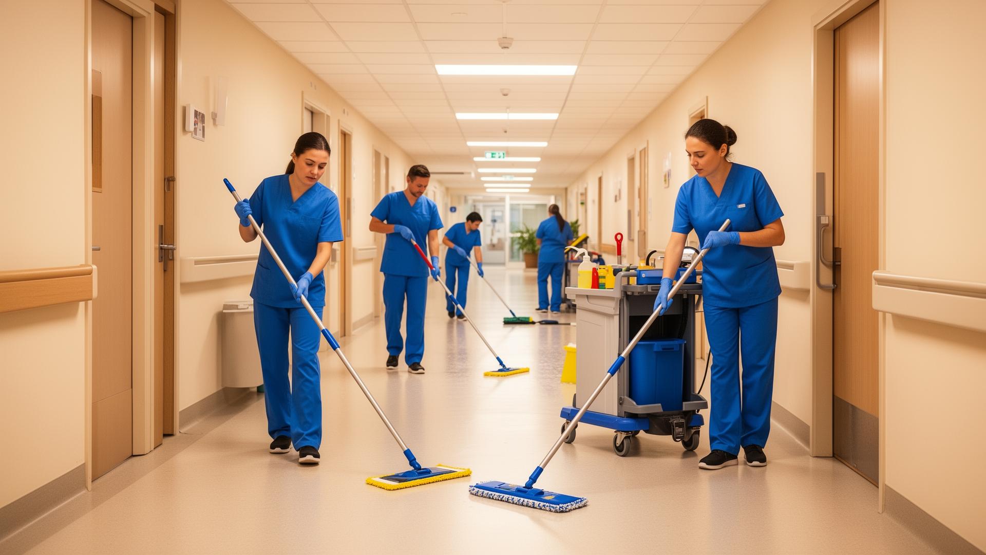 Reinigungsteam bei der Arbeit im Krankenhaus