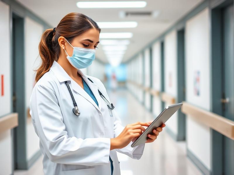 Hygienefachkraft mit digitalem Dashboard