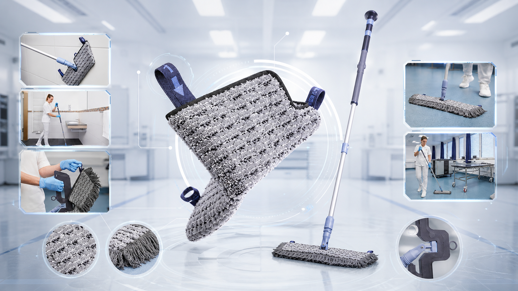 Swep Moppsystem im klinischen Einsatz – Detailansichten von Microfaserstruktur, Anwendung und Halterung